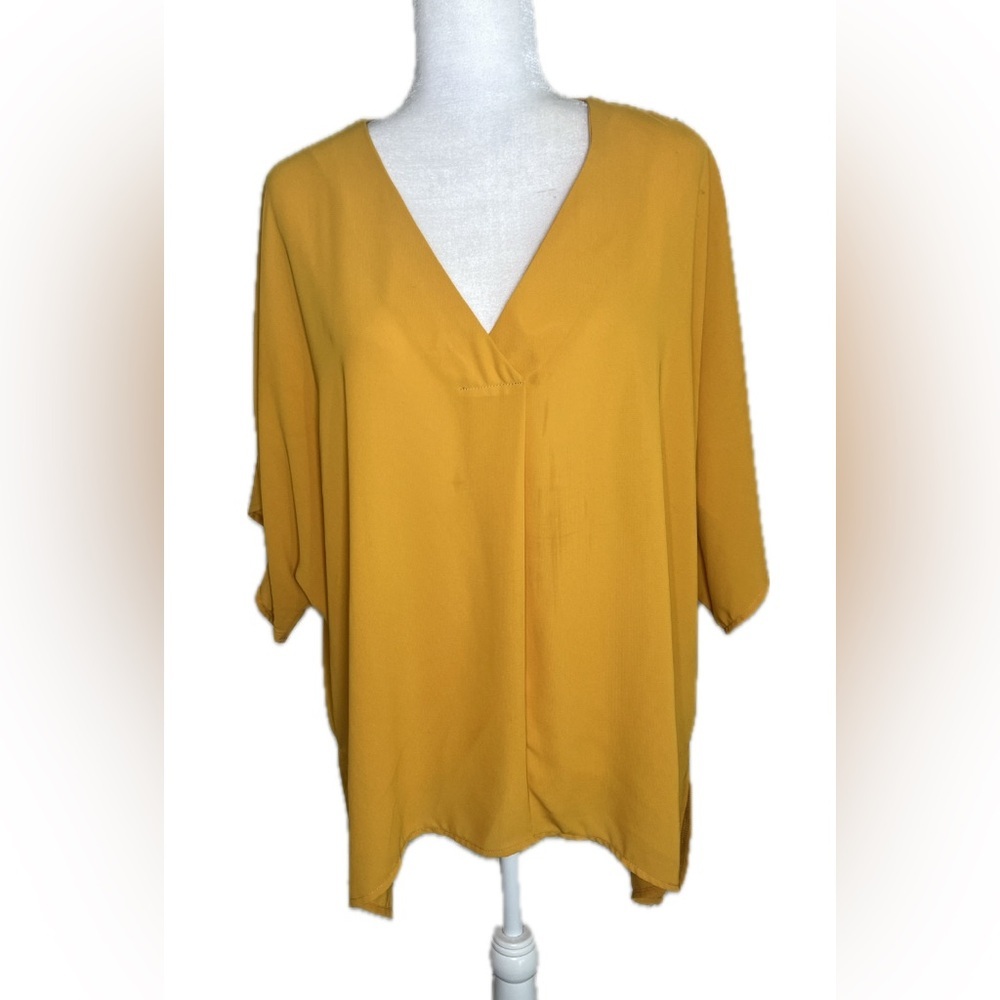 glam Mustard Yellow Short Sleeve V-Neck Dolman Tunic Top Size L Large